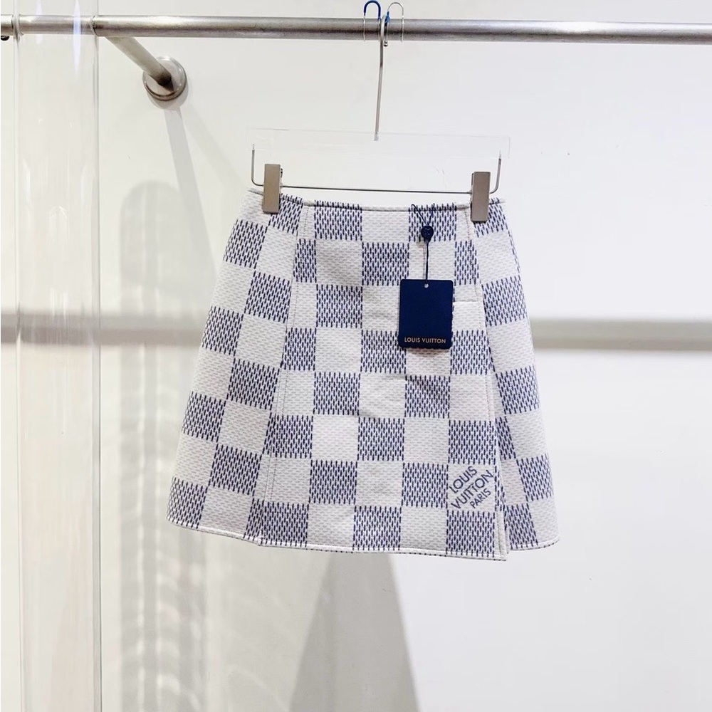 🚩steal authentic Louis Vuitton White and Blue Check A-Line Skirt